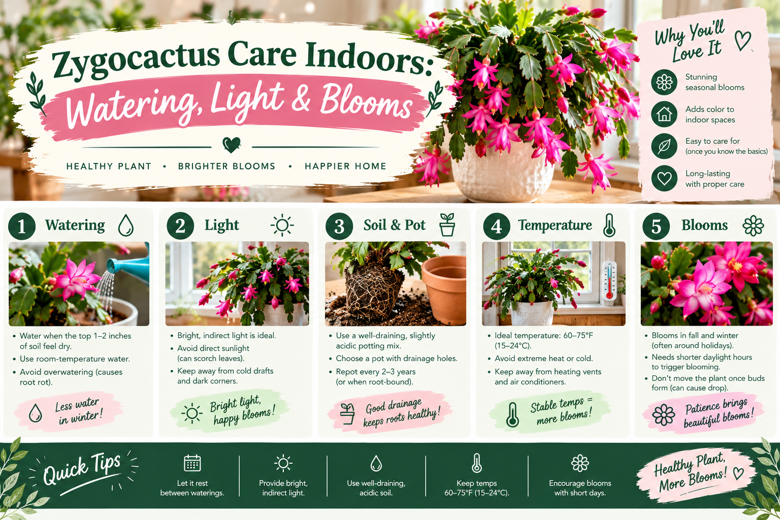 Zygocactus Care Indoors: Watering, Light & Blooms
